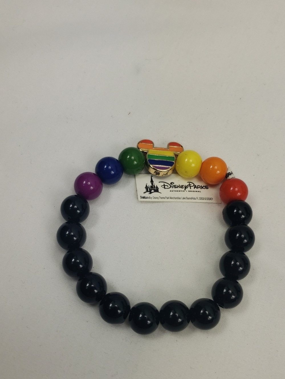 Disney Parks Mickey Mouse Enamel Rainbow Black Bead Stretch Bracelet NWT